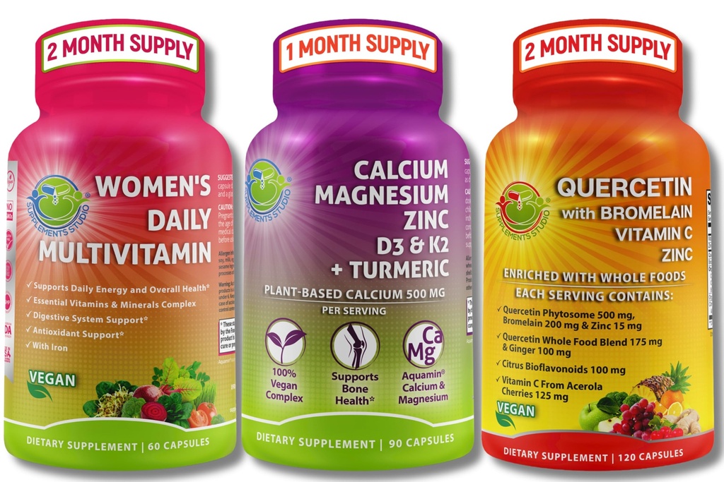 Plant- based Immunication, Bone & Energy Support Bundle - Quercetin with Bromelain, Vitamin C & Zinek + vápník Magnesium with D3, K2 & Turmeric + Ženský Multivitamin with Iron & Organic Superfoods