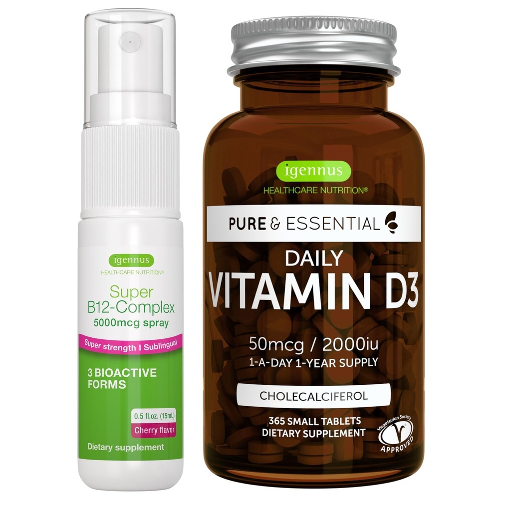 Denní vitamin D3 + Super B12- Complex 5000mcg Vegetarian Bundle, 365 2000iu Vitamin D3 tablety + vysoká síla B12 Cherry Flavor Sublingual Spray, od Igennus