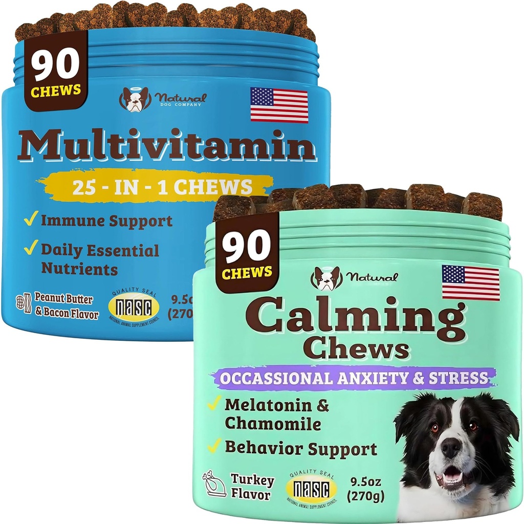Natural Dog Company Multivitamin a uklidňující doplněk Bundle, Denní nutrienty a úzkostné úlevy pro psy, podpora společné zdraví, kůže & coat, snížit stres z hluku a cestování, esenciální vitaminy
