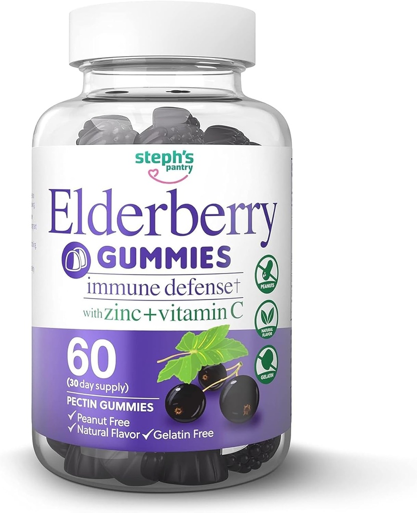 Elderberry Gummies s vitamínem C a zinkem - Imunitní posilovač Elderberry Gummies pro dospělé a děti - Veganské přírodní složky obrany Multivitaminy s antioxidační podporou (60 Gummies)