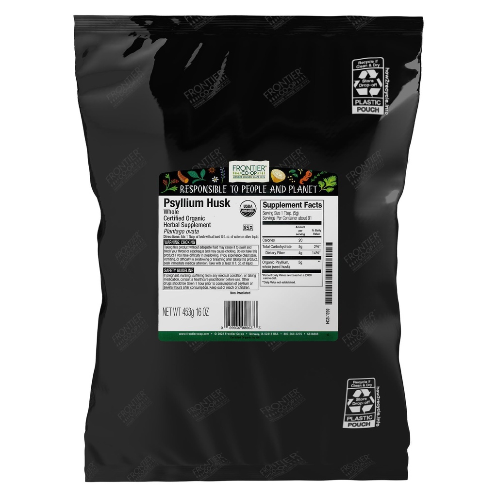 Frontier Co- op Organic Psylium Husk 1lb - Celý Psylium Husk, Organic & Kosher - Psylium Husk Fiber pro pečení, Psylium Nutritional Supplement for Digestion, Psylium Husk Powder Bulk