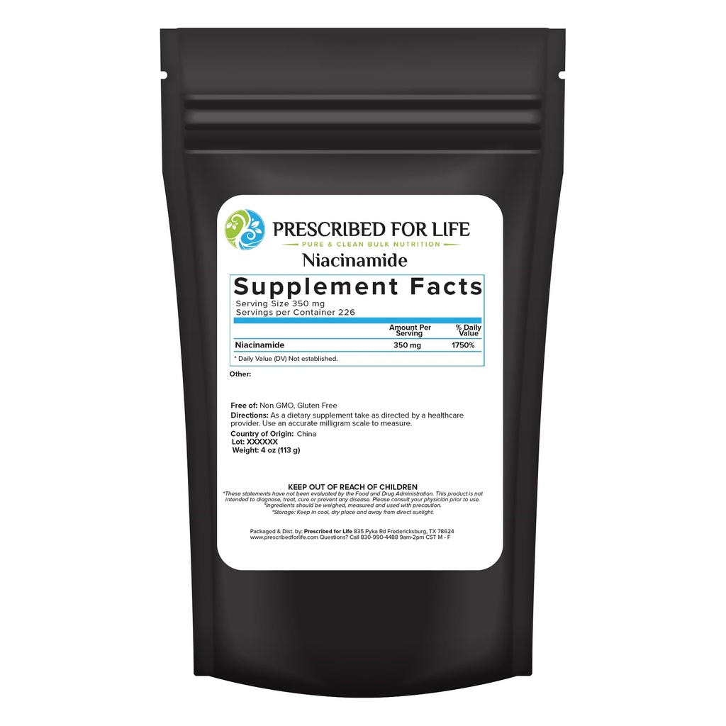 Předepsaný pro život Niacinamid prášek (B- C), Fine Granular USP stupeň vitamin B3 prášek, přírodní Nicotinamid dodatek, gluten zdarma, non GMO, Vegan, Niacinamida Pura (4oz / 113g)