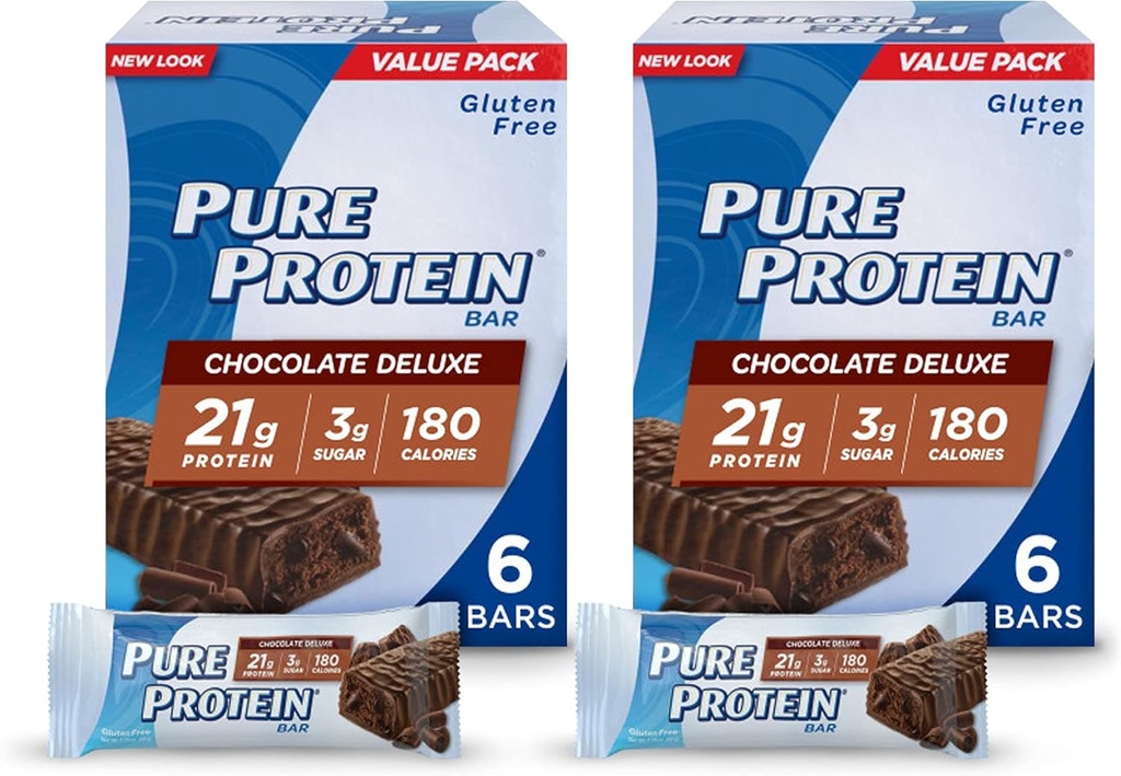 Čisté proteinové bary, vysoký protein, výživné snacks na podporu energie, nízký cukr, gluten zdarma, čokoláda Deluxe, 6 Počet (balení po 2)