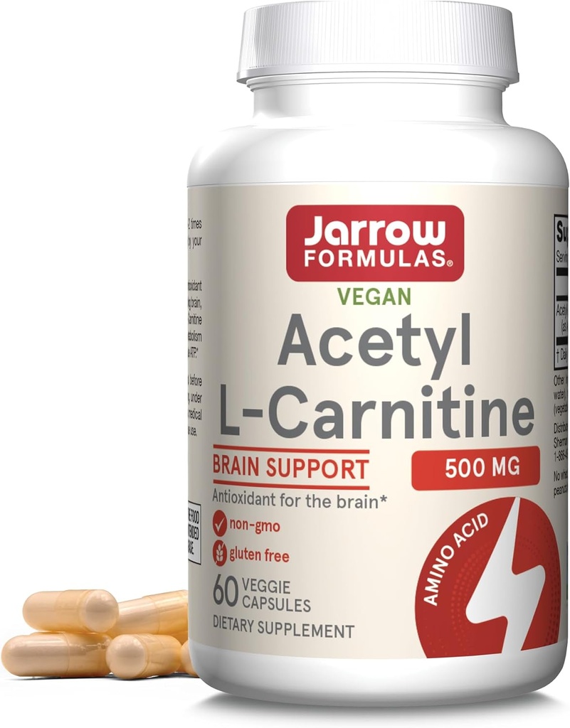 Jarrow Dispersas Acetyl L- karnitin Kapsle - 500 mg - 60 Počet - Pro zdraví mozku a mastné kyseliny Metabolismus - Rostlinné Kapsle - Non- GMO - Gluten zdarma