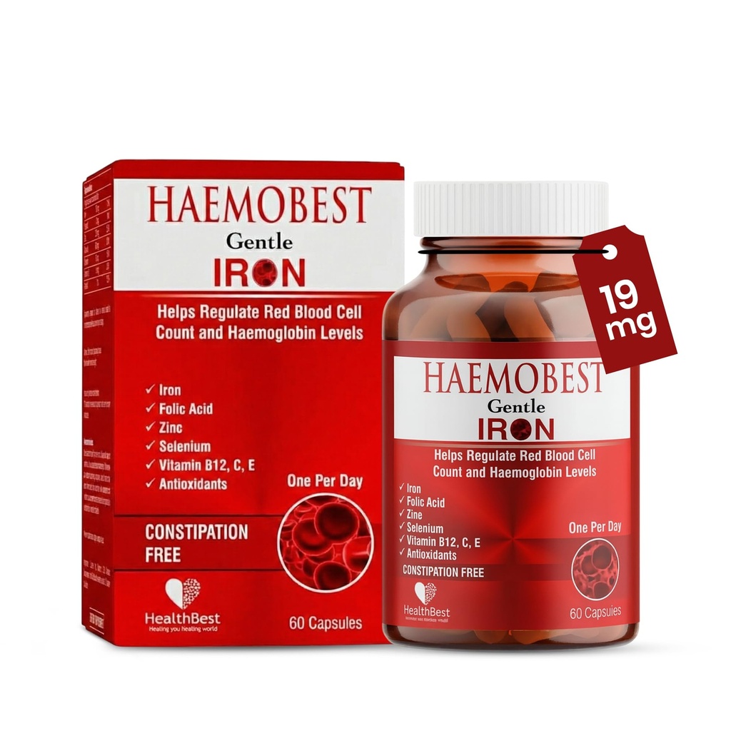 HealthBest High Potency Jemné železné kapsle 100mg Iron 124; Pomalé uvolňování železa pro rychlejší absorpci, Non- Constipating Iron 124; Vitamin C, B12, Folát zinek & Selen pro anémii, hemoglobin & Imunitary Support Iron 124; 60 Počet
