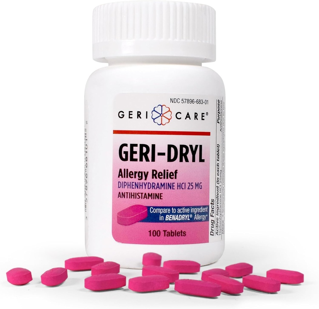Geri- Dryl Allergics Relief Tablety (100 Počet) podle GeriCare curren124; Difenhydramine HCI 25mg Antihistaminium Tablety pro nasírání, Runny Nose, Itchy Throats & Eyes current 124; Anti- Allergical Medicine pro dospělé a děti