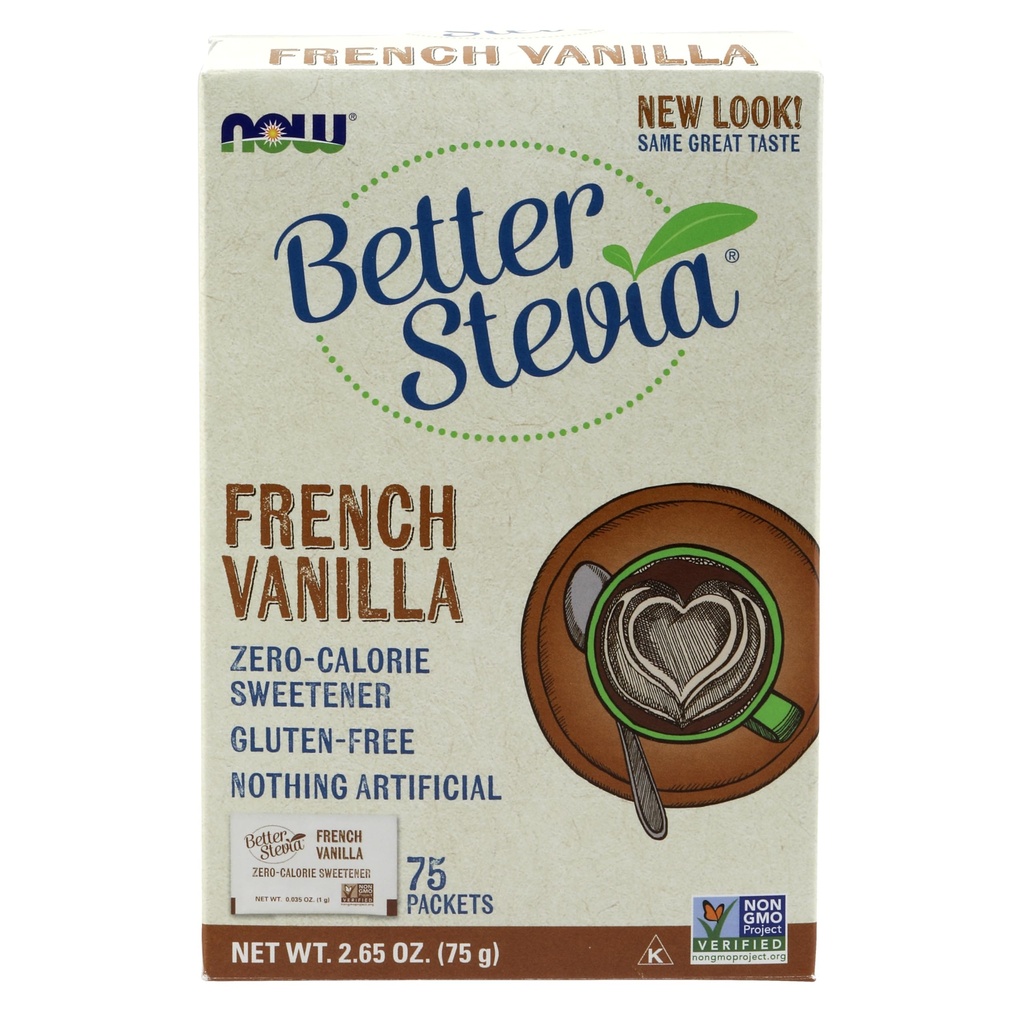 Nyní Potraviny, BetterStevia French Vanilla Granulated Packets Zero- Calorie Sweetener, Keto Friendly, Vhodné pro diabetiky, No Erythritol 75 Počet