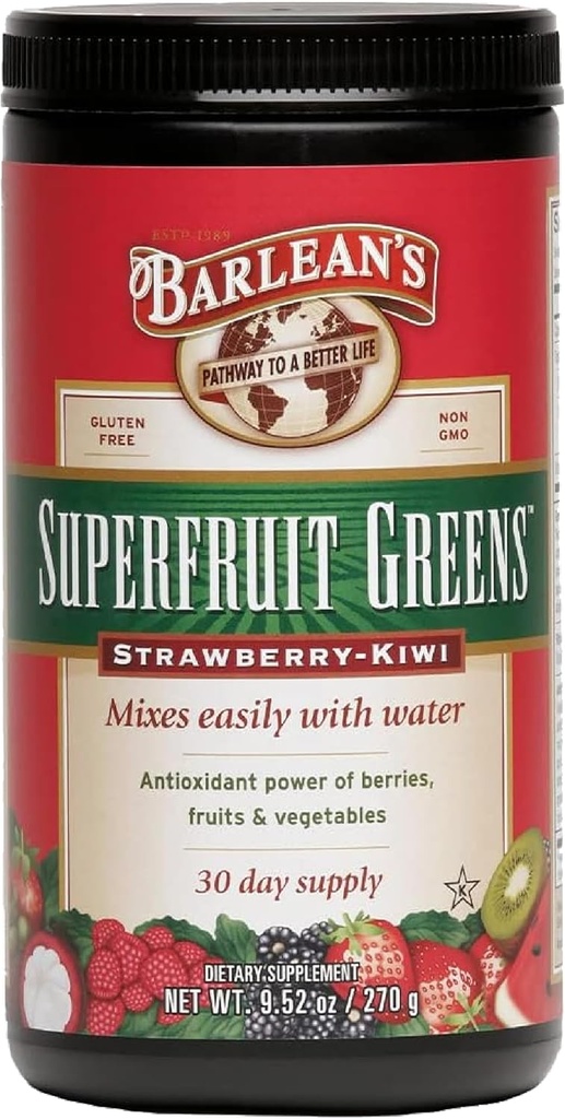 Barlean 's Supergruit Green Powder With Antioxidant Power Of Berries, Fruits And Zelenina - Strawberry Kiwi Flavor - Vegan, Non- GMO, Gluten- Free - 9.52 oz