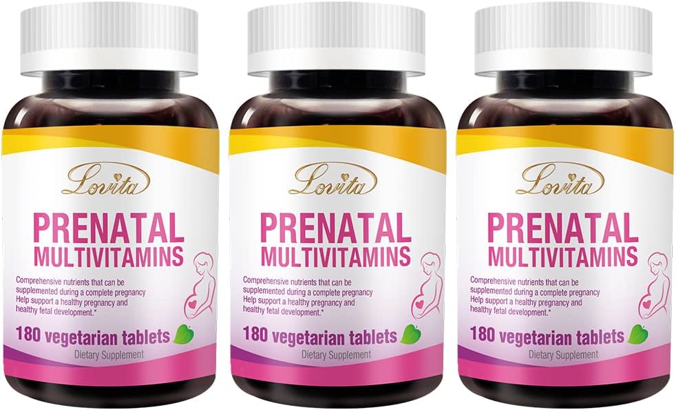 Lovita Prenatal Vitamíny se železem 27 mg, kyselina listová 800mcg & vápník, Vegan Prenatal Vitamíny pro ženy během a po Preganacy, non GMO, 180 Vegetarian Prenatal pilulky (balení po 3)