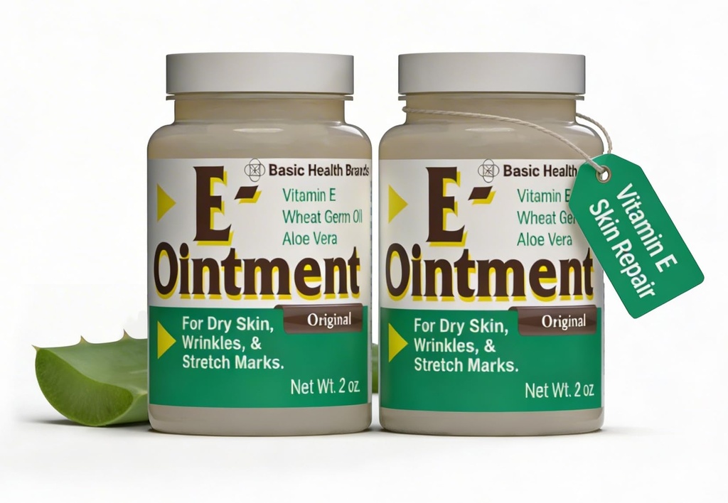Basic Brands - Vitamin E Ointment - 2oz - Moisture Enhancing - Může pomoci snížit vzhled Jizvy, Stretch Marks, Fine Lines & Wrinkles - 2-Pack
