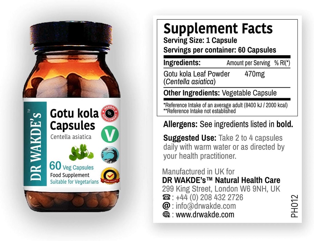 DR WAKDE 'S Gotu kola Kapsle (Mandukparni, Centella asciatia, 60 Vegg Caps, Plant- based Supplement, Ayurvedic Herb, All Natural, Vegan)