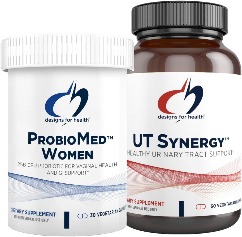 Designy pro zdraví Vaginální Probiotická a UT Support Bundle - ProbioMed Ženy Probiotická (30 Kapsle) pro Gut Zdraví & Vaginální pH, UT Synergie (60 Kapsle) Podpora močení s Hibiscus & D-Mannose