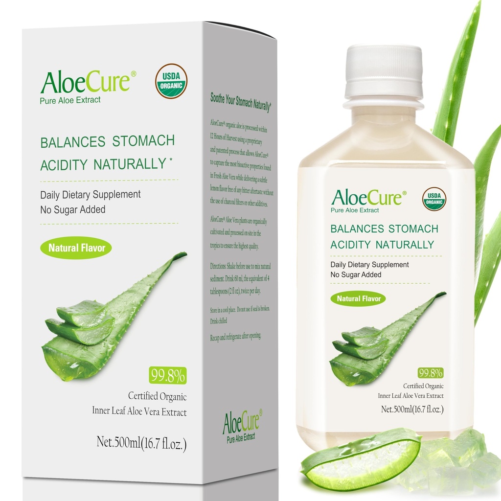 AloeCure USDA Organic Aloe Vera Juice Made within 12 hrs of Harvest - Čisté Aloe Juice Natural Digestion Doplněk k podpoře trávení, imunitní systém a vyvážená kyselost žaludku, 500 ml láhev