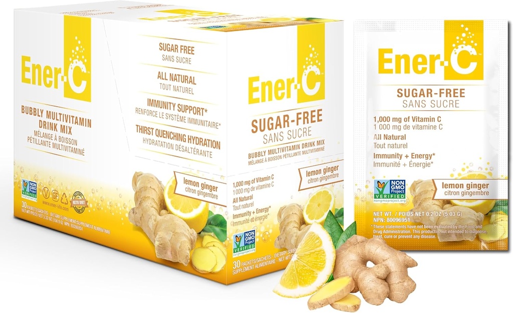 Ener-C Sugar Free Lemon Ginger Multivitamin Drink Mix, 1000mg Vitamin C, Non-GMO, Vegan, Real Fruit Juice Powders, Natural Imunity Support, Electrolytes, Gluten Free, 1-Pack of 30