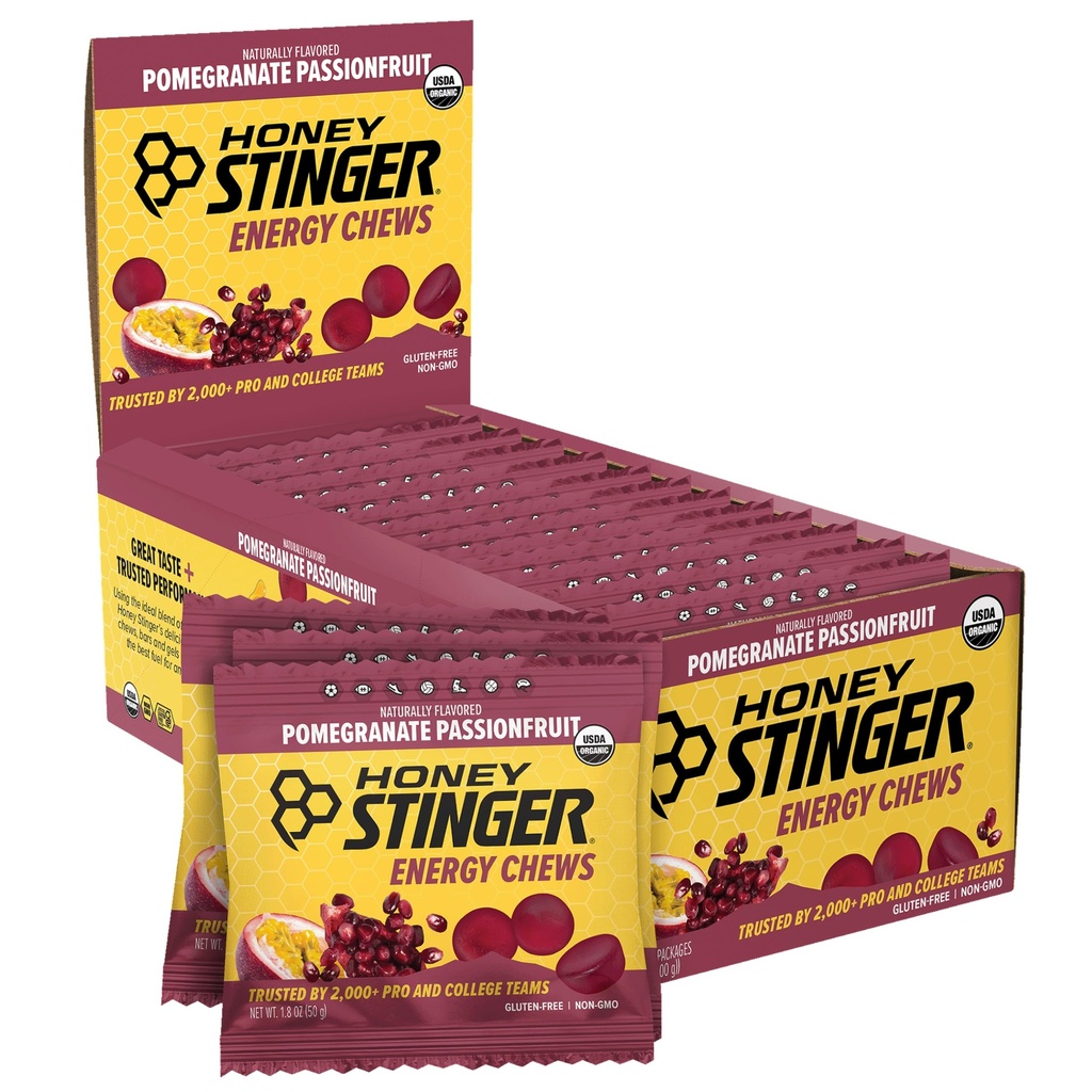 Med Stinger Organic Pomegranate Passionfruit Energy Chew, gluten Free & Caffeine Free, pro cvičení, běh a výkon, Sportovní výživa pro domácí & Gym, Pre a střední cvičení, 12 Pack