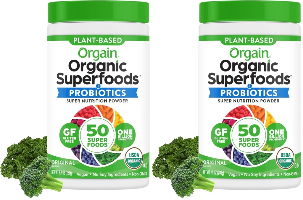 Orgain Organic Greens Powder + 50 Superfoods, Original - 1 bilion Probiotika pro Gut Health, Antioxidanty, Vegan, Plant based, Gluten Free, Non GMO, Dairy Free Juice & Smoothie Mix - 0.62lb