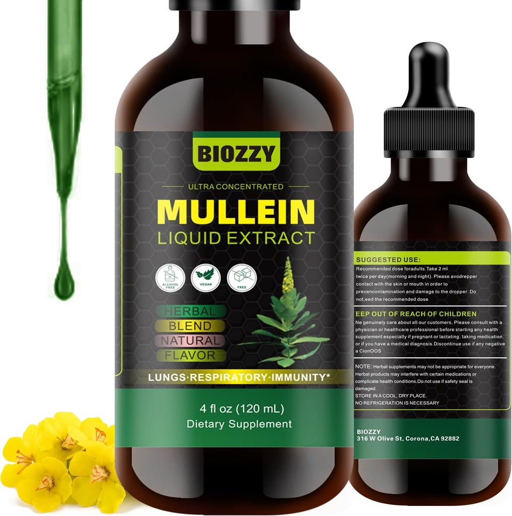Generické Mullein Drops pro Plíce 124; Mullein Leaf Extract pro Respirační a Plícní podporu 124; Mullein Extract Dodatek Liquid