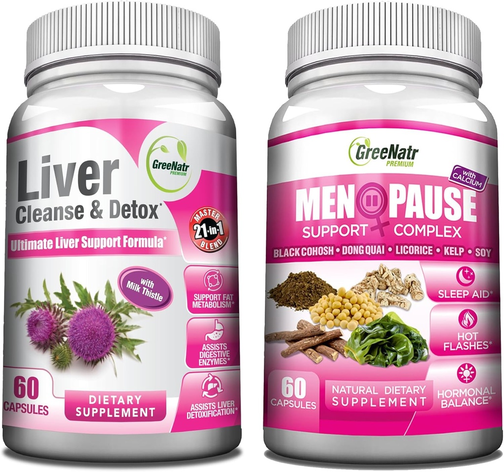 GreeNatr Synergic Bundle - Herbal Menopauza Support Complex for Hot Flashes, Night Sweats & Mood Swings Relief Plus Celková revitalizace jater s naší synergistické vyčištění jater