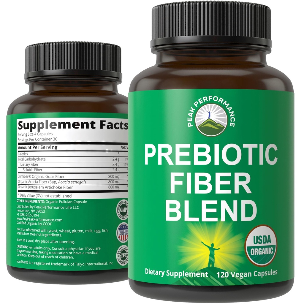 USDA Organic 3- in-1 Prebiotic Fiber - Veganské kapsle pro Gut, stravitelné zdraví. Surové celé potraviny Plant Based Prebiotics Pills Dodatek s Inulin (Jerusalem Artichoke), Acacia Fibers, SunFiber