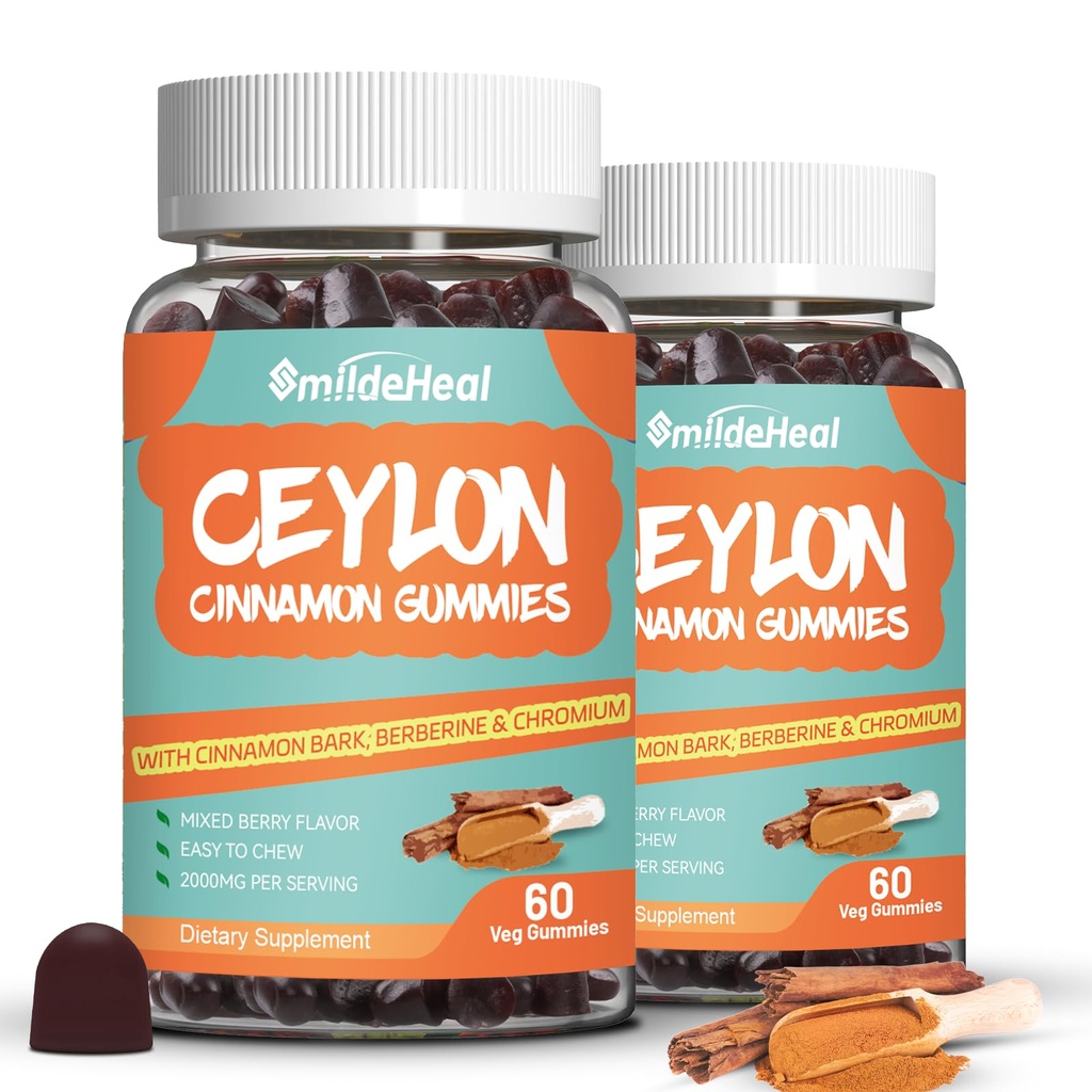 2 Pack Sugar Free Ceylon Skořice Gummies 2000MG, Skořice dodatek s chromem a Skořice Bark, Vegan, Non- GMO, Gluten Free, 120 Gummies