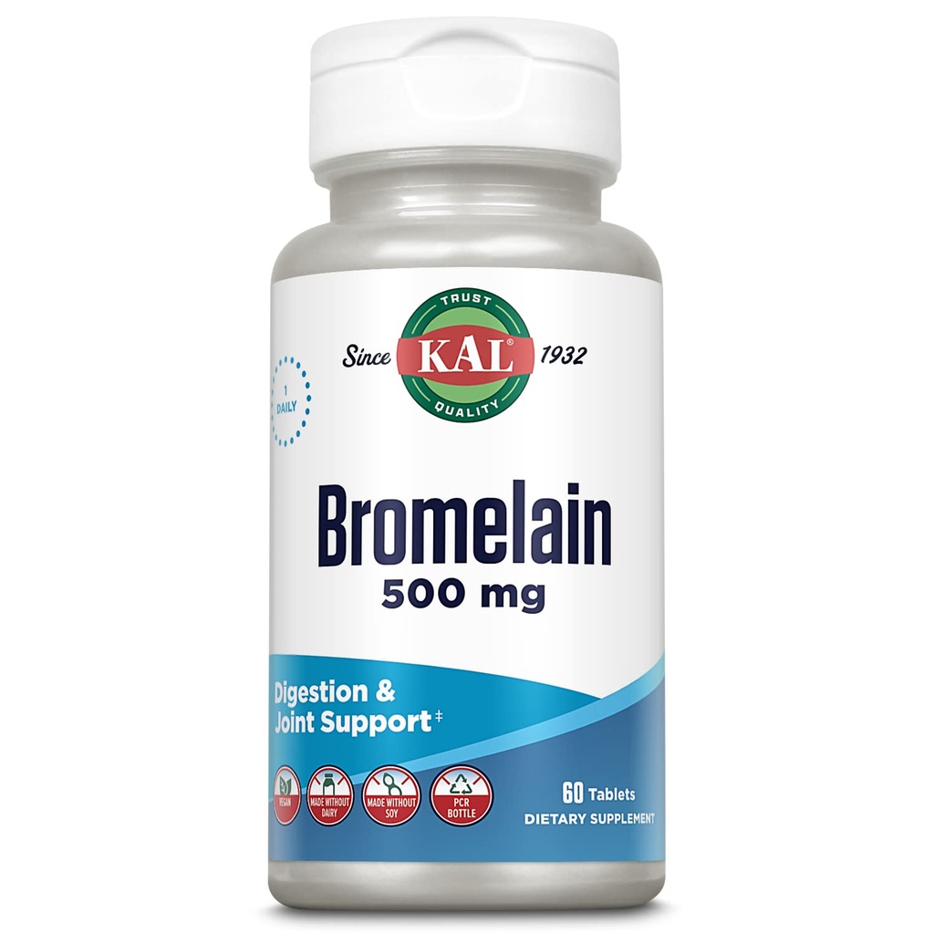 KAL Bromelain 500 mg, Digestion and Joint Support Supplement, Digestive Enzymes, Ananas Extract, Rapid Disingration, Vegan, Made Without Dairy or Soy, Lab ověřený, 60 Servings, 60 Tablet