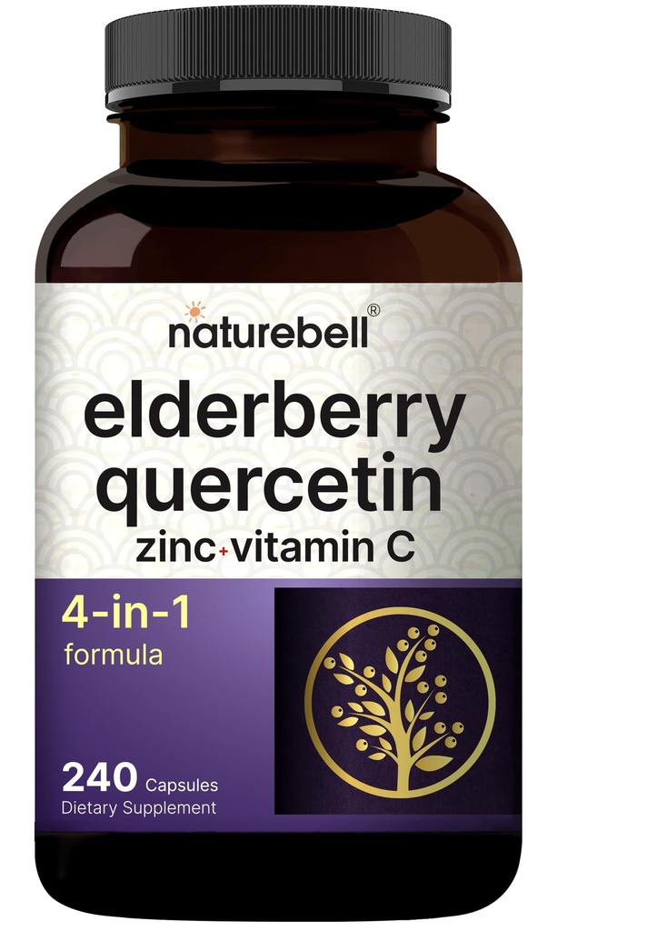 NatureBell Sambucus Elderberry Kapsle, 5000mg Per Serving with Quercetin 500mg, Vitamin C and Zinek, 240 Počet 124; European Black Elderberry Fruit Extract - 4 v 1 Immunní Supplements