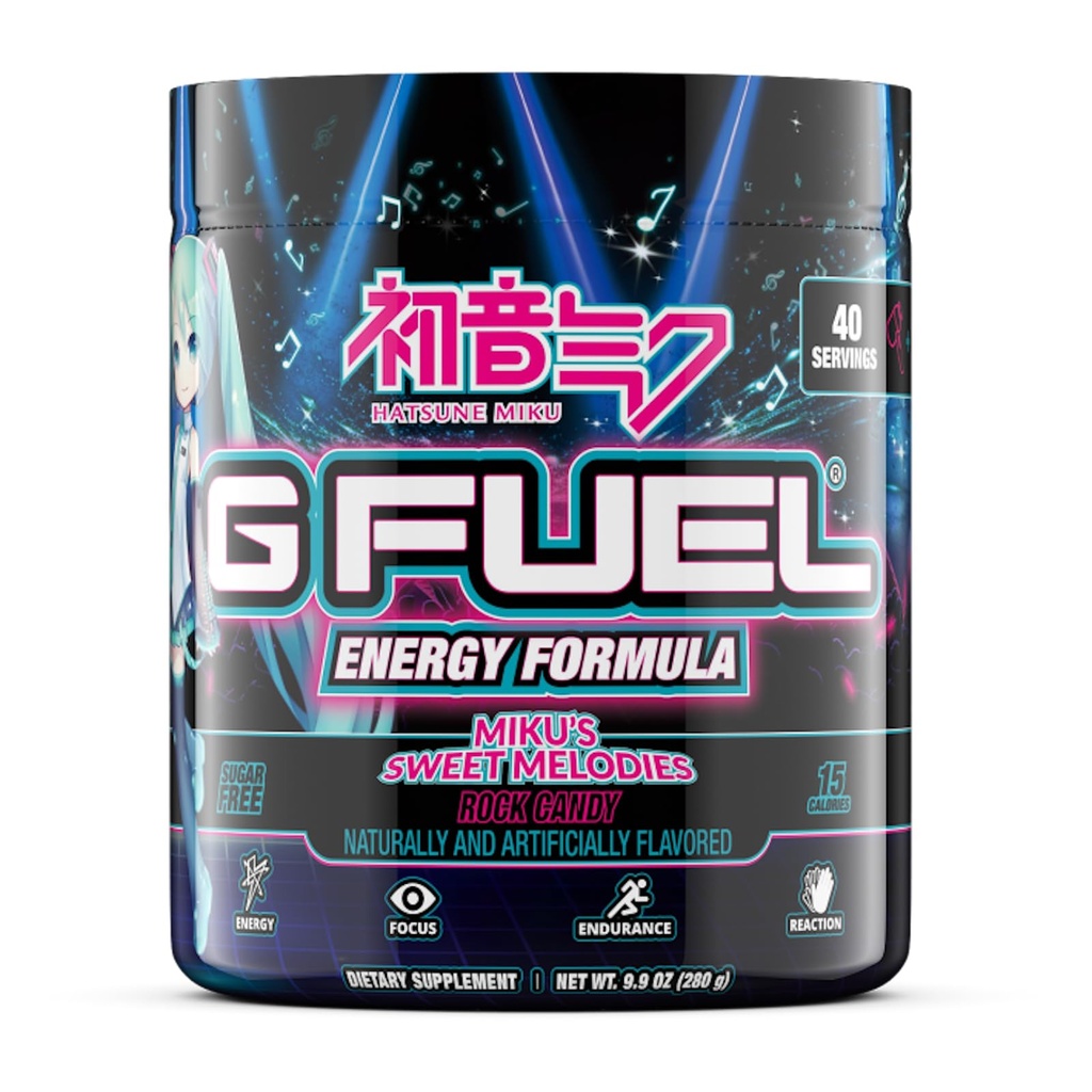 G Fuel Sweet Melodies Hatsune Miku Energy Drink Powder, Pre Workout Caffeine Mix for Gaming, Cukr Free Focus Amino, Vitamin + Antioxidanty, 9.9oz (Rock Candy, 40 Služeb)