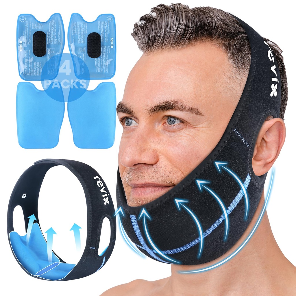 REVIX Moudrost zuby Ice Pack hlava Wrap s 3D šití Jaw Ice Pack pro Oral Chirurgie Pain Relief pro TMJ, Extrakce zubů & Odstranění zubů, Extra Snug Fit se 4 horké studené gelové balení opakovaně použitelné, černé