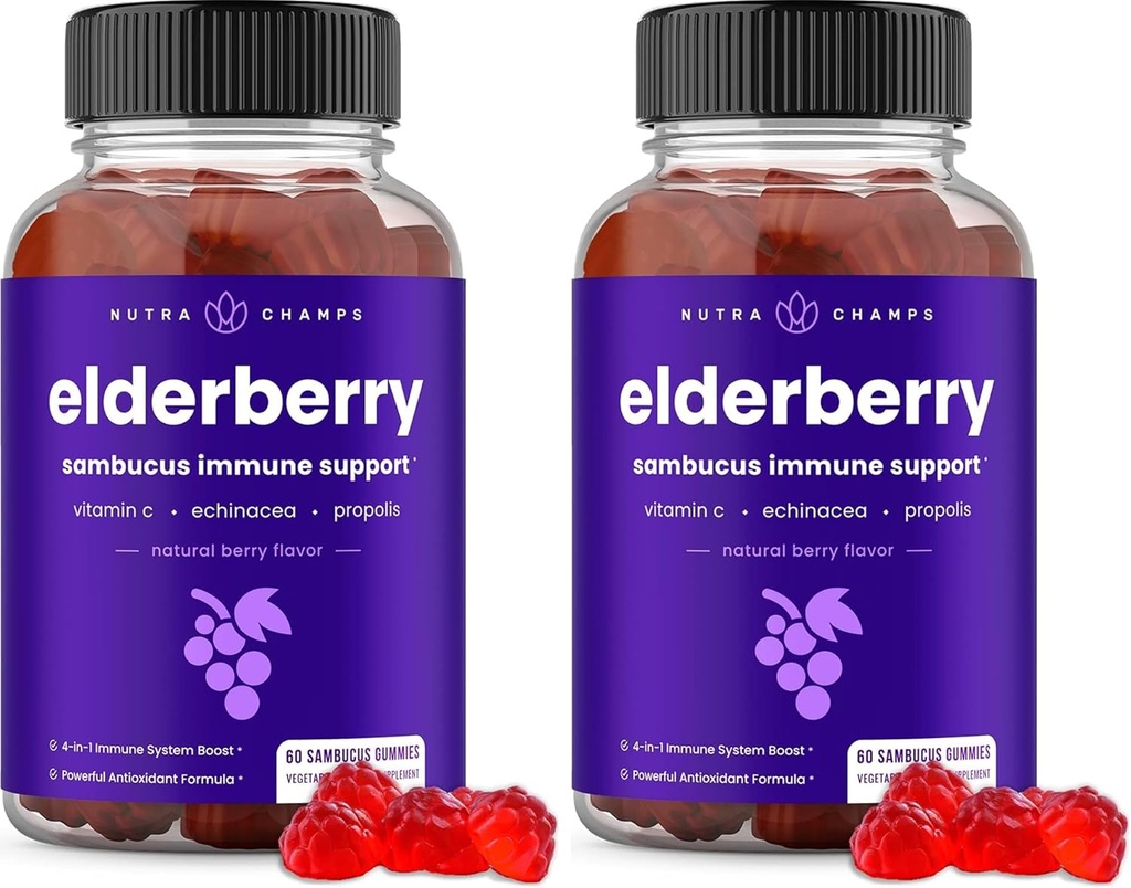 NutraChamps Elderberry Gummies s vitamínem C, Propolis & Echinacea - Imunitní systém podpora Gummy Vitamíny pro dospělé a děti - Max síla 200mg Sambucus Antioxidant (Balení 2)