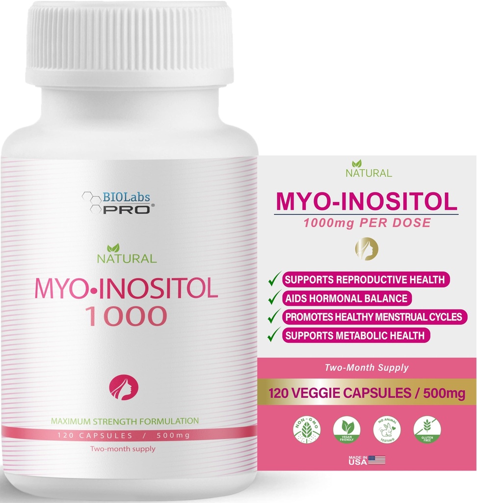 BIOLABS PRO Myo- Inositol Supplement 1000mg - Přírodní dietní podpora pro buněčné zdraví & Wellness, Premium Non- GMO, gluten- Free, Kosher Certified, Paraben- Free - (120 Caps - 2-Month Supply)