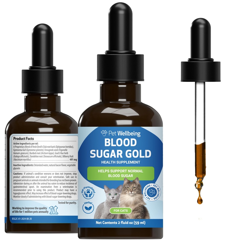 Pet Wellbeing - Blood Sugar Gold for Cats - Přírodní podpora pro zdravé hladiny cukru v krvi v diabetických kočkách - Stabilizace inzulínu a normální funkce pankreatu - 2 oz (59 ml)