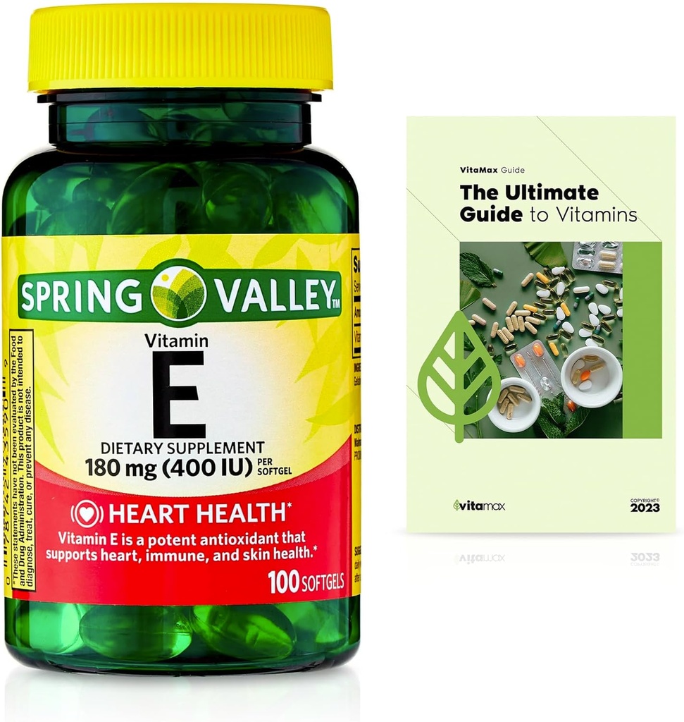Jarní údolí Vitamin E Srdce Zdraví Dietní doplněk Softgels, 180 mg (400 IU), 100 Počet + Exkluzivní VitaMax vitamin Guide (2 položky)