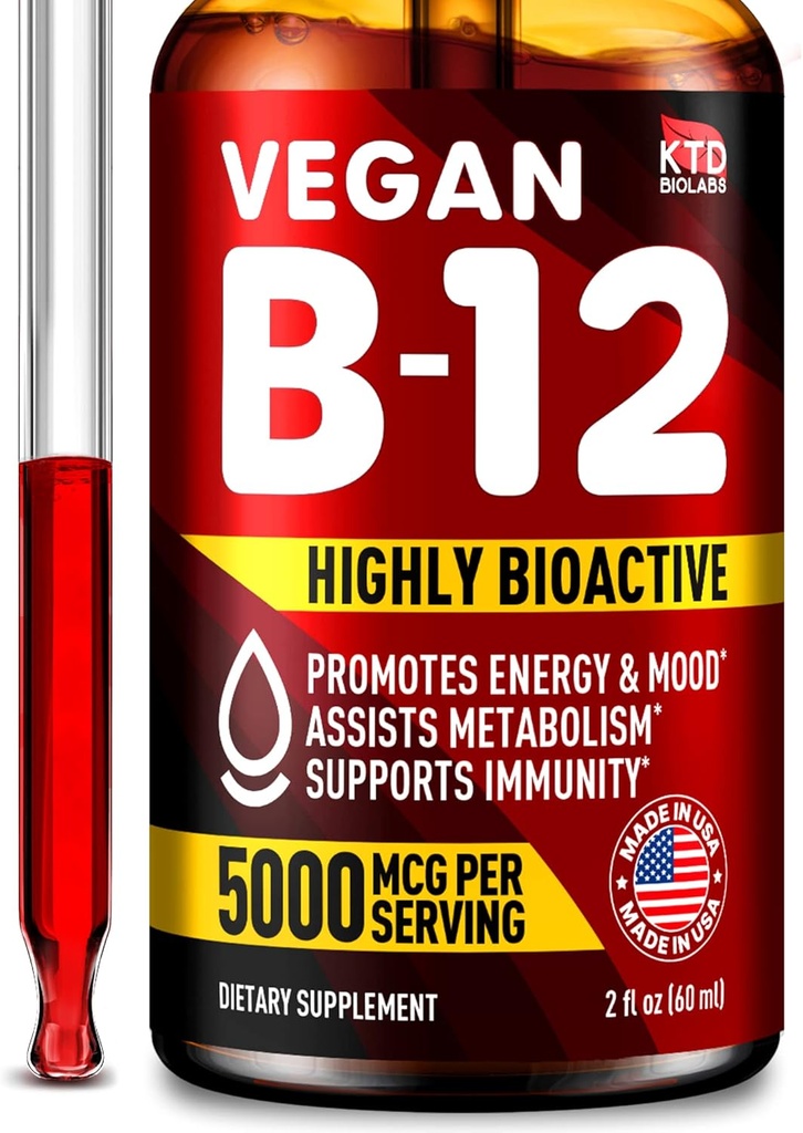 B12 Sublingvální 5000 mcg Drops - Made in USA - Vegan B12 Vitamíny pro energii, Mood & Memory - Vysoce biologicky dostupné sublingvální Drops - Methylkobalamin pro ženy a muže - 2 fl. oz.