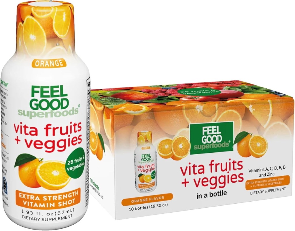 FeelGood Superfoods Vita Ovoce a Veggies Imunitní Support Shot doplňky, Orange Flavor, Balení 10 panáky imunity, imunitní systém Booster nápoj vyrobený s 25 Organic Ovoce & Zelenina