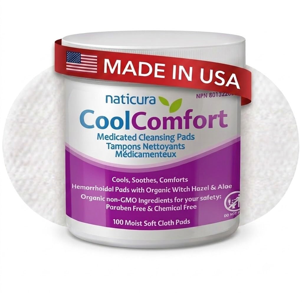 CoolComfort Personal Cleansing Pads with Organic Witch Hazel and Aloe Vera - All- Natural and Fast Acting Wipes for Hemeroid Burning, Stening, Pain and Owelling - 100 Pads - No Parabens