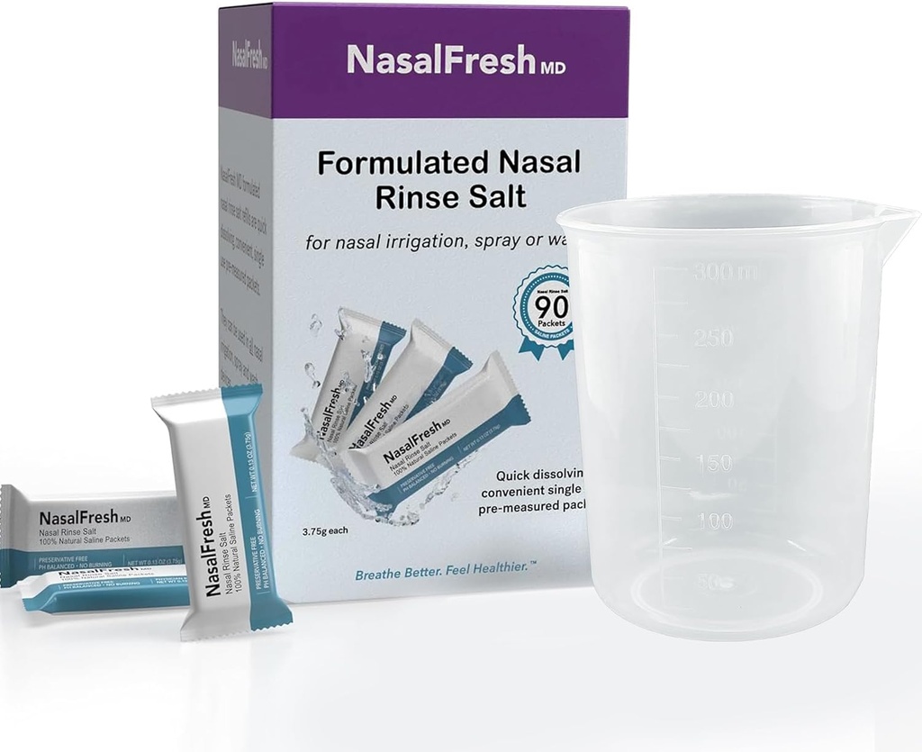 NASALFRESH MD - Saline Packets - Rychlé rozpuštění - Jednoúčelové - Předčasné měření - Nazální zavlažování - Individuálně zabalené (3.75g / 1.3oz) - 90 Count Refill Packets - 300mm Cup