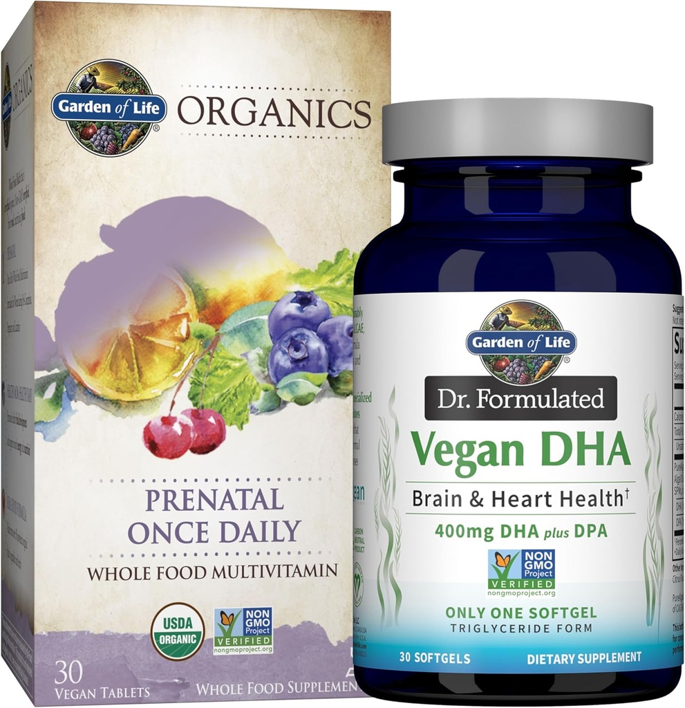 Zahrada života jednou denně Vegan DHA + Prenatal Multi Bundle: Dr. Percepted Vegan DHA 30 Softgels + Organics Prenatal Jednou denně Multivitamins s folátem pro ženské prenatální zdraví, 30 Tablet