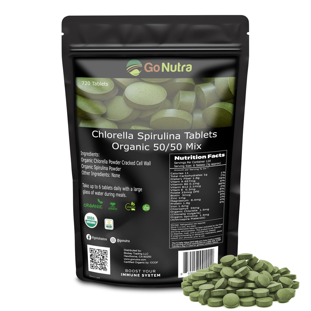 Go Nutra Organic Spirulina Chlorella Tablets 50 / 50 Blend Blend 124; Nutrient Dense Superfood - Vegan Protein, Chlorofyl, Enzymes Credi124; 500mg Každá Chlorella Spirulina Tablets, 720 Počet, 4 Měsíční dodávky