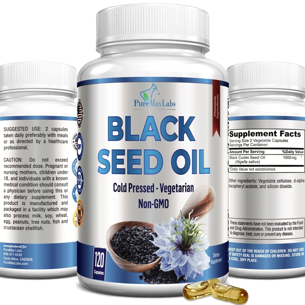 Olej ze studeného lisovaného černého semene - 120 Kapsle, Premium Nigella Sativa Čistý černý kmínový olej s vitamínem E, pro vlasy, kůži a imunitní zdraví - Non- GMO 120 Kapsle