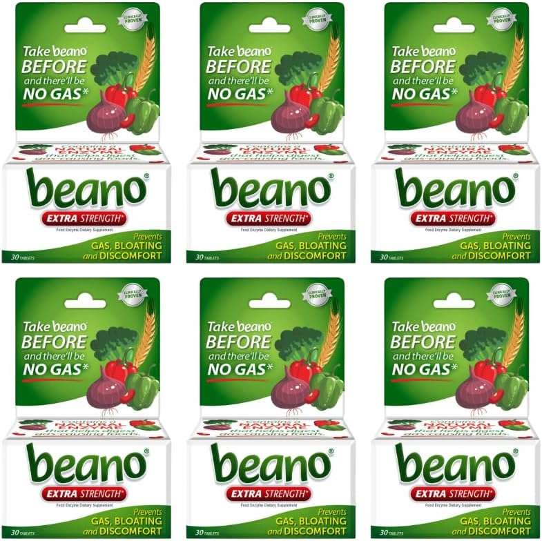 Beano Extra síla, Digestive Enzyme dodatek, Prevents Gas, Floating and Discomfort (Balení May Vars) 30 Počítat každý (balení po 6)