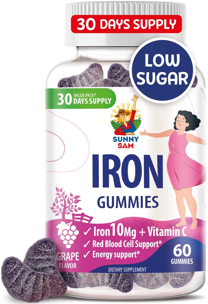 SUNNY SAM Železné gumy pro děti a dospělé - Železné vitamíny s vitamínem C, 10mg na servírování - Žvýkací ovocný žvejkačka pro imunitní podporu výroby červených krvinek