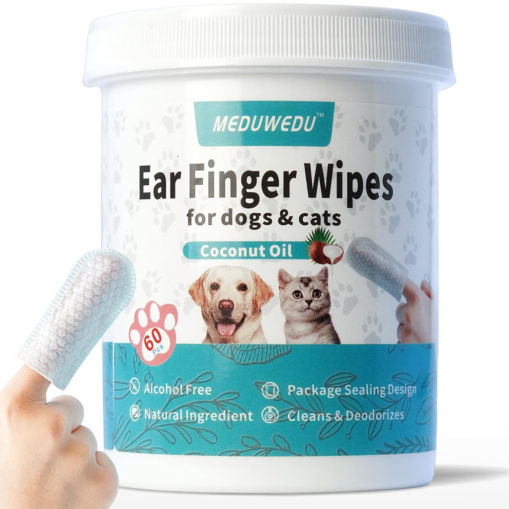 Čistič uší Wipes 60 Počítání, Čistič uší pes, Kočicí Kit Psí a Kočky, Měkké a snadné čisticí Pady, Odstranit vosk, Dirt & Stop Smelly, Itchy, Non- Irritating, Coconut Scent
