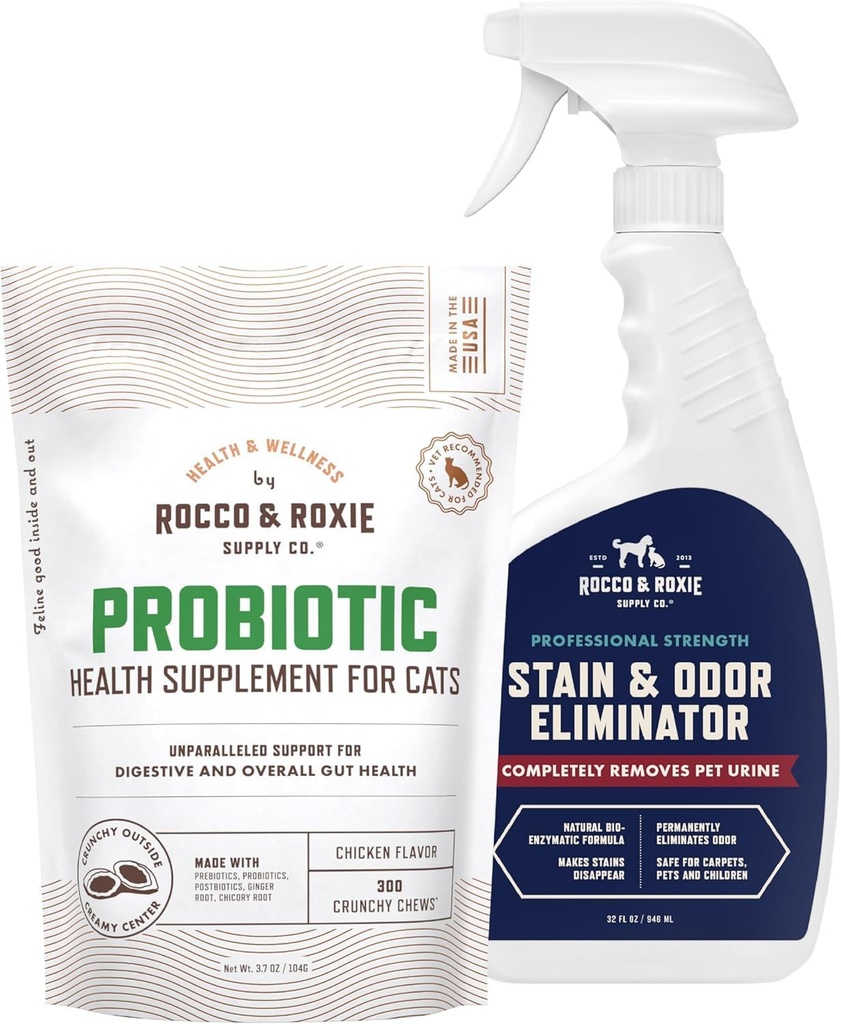 Rocco & Roxie Cat Probiotické doplňky a skvrna a zápach Eliminator Bundle