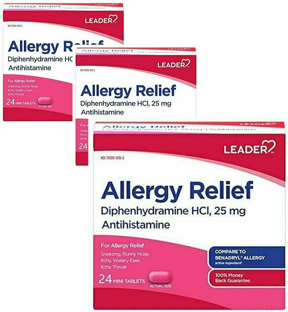 Leader Antihistaminika Antihistaminika Relief Difenhydramine HCl, 25mg Mini tablety, 24 Count Pack of 3