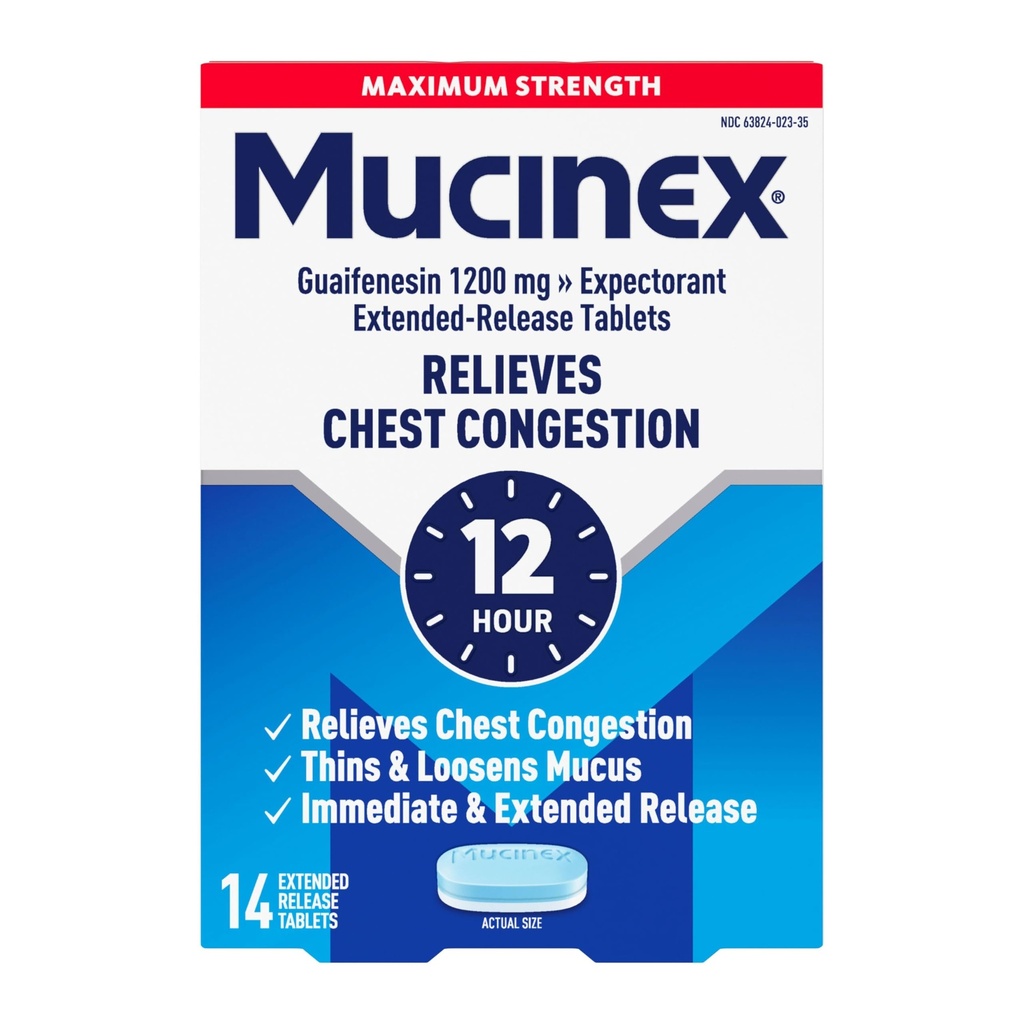 Mucinex Chest Congestion, Maximální síla 12 hodinových prodloužených uvolňovacích tablet, 14ct, 1200 mg Guaifenesin s rozšířenou úlevou od Congestion hrudníku způsobenou nadměrnou Mucus, tenké a volné Mucus