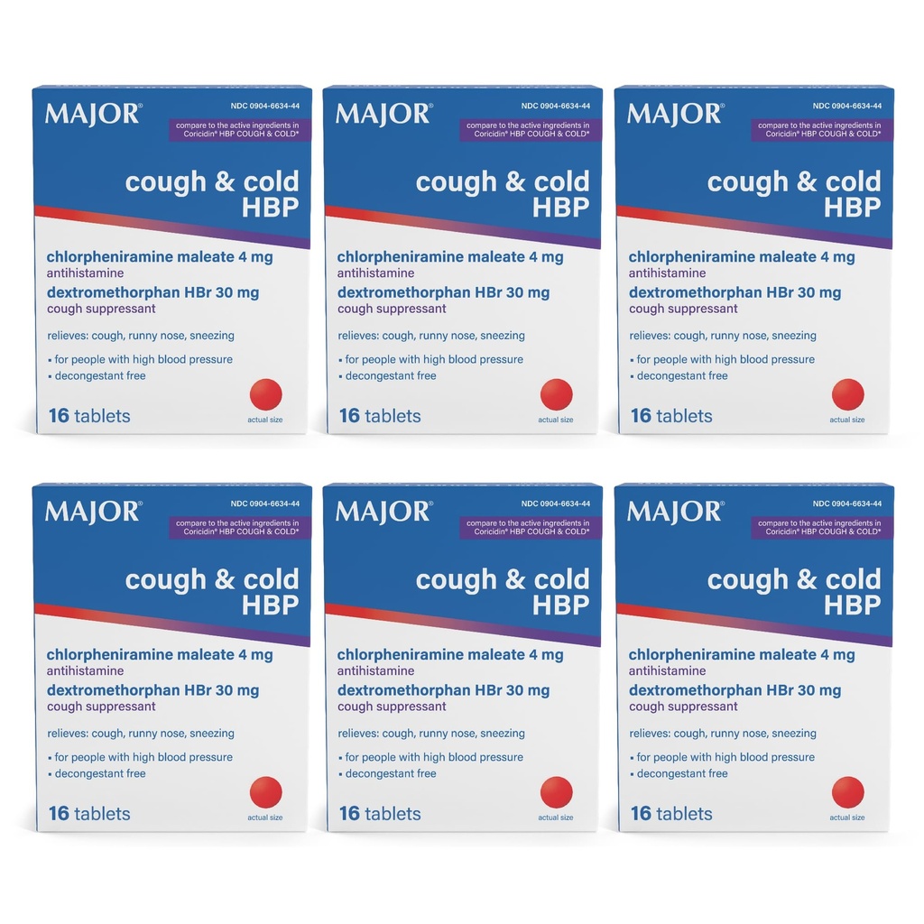 MAJOR Kašel a studené HBP tablety - Antihistaminikum a Kašel Supressant pro lidi s vysokým krevním tlakem - Dextromethorfan HBr, Chlorfeniramin Maleate - 16 Počet (6 balení)