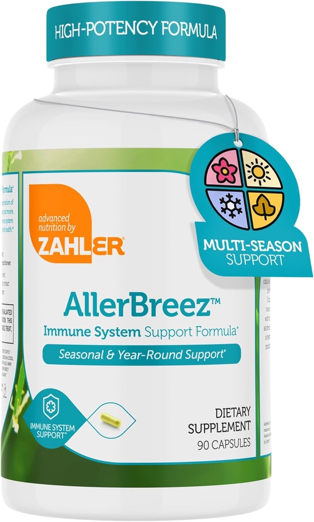 Zahler AllerBreez imunitní systém Support Formule s vitamínem C, Quercetin, Vitamin B5, MSM & StringNettle - Seasonal & Year- Round Imunitary Supplement, Dhist Alergie Dodatek (180 Kapsle)