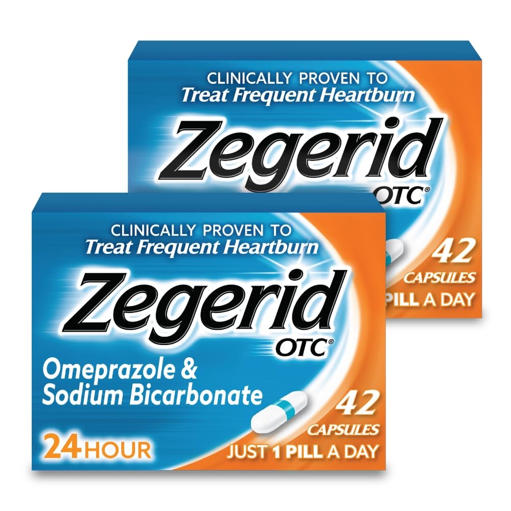 Zegerid OTC, 24- hodinová reliéf od srdečního selhání, acid reflux Medicine and Antacid, Treats Frequent Heartburn, Omeprazol 20mg + sodná sůl bikarbonát, inhibitor protonové pumpy (PPI), dvě 42ct kartony