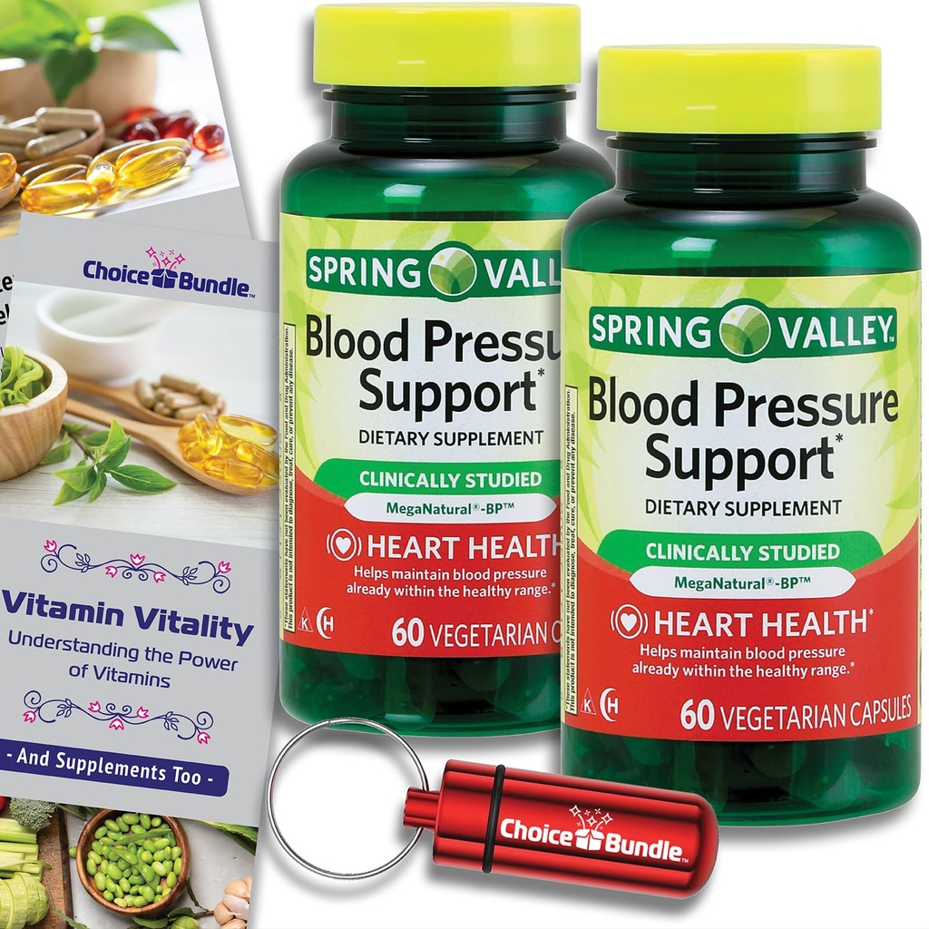 Volba Bundle Spring Valley Krevní tlak Podpora Vegetariánské kapsle 60 Ct 2 pk (120 Celkem) + vitaminový průvodce & Pill Container (4 položky)!
