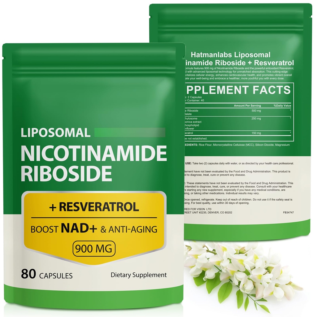 NAD dodatek s Nicotinamid Riboside - Resveratrol, Liposomal Nikotinamid Riboside, Quercetin - vysoce čistota NAD dodatek pro antiaging, Focus, Energy 160 Kapsle (2 Bag)